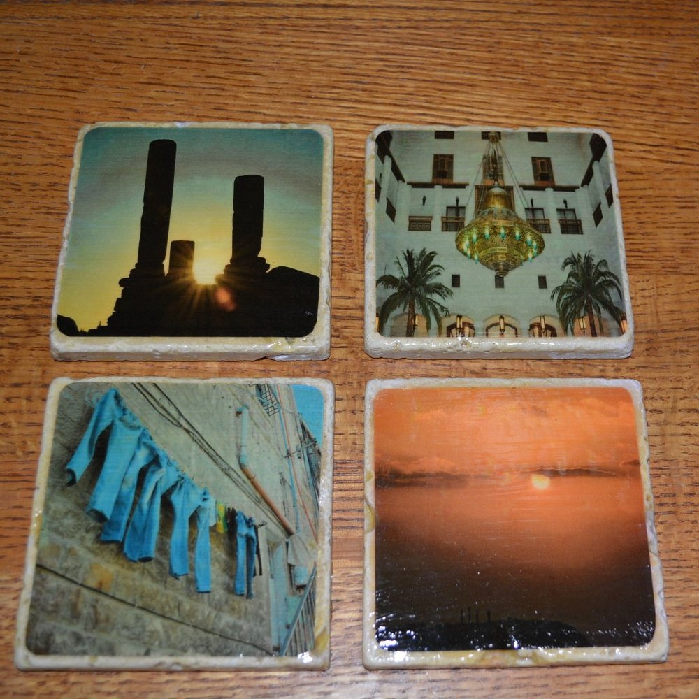 Natural Stone Coasters: Sights of Jordan Design - Set of 4